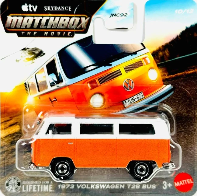 Official Matchbox packaging for the movie VW T2 model — card and blister, straight-on