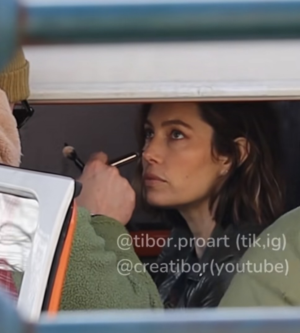 Jessica Biel receiving make-up inside the VW T2 between takes